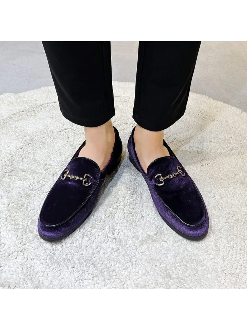 LCQL Men's Purple Leather Velvet Loafer Gold Buckle Slip On Comfortable Shoes